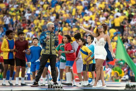 Photo for Rio de Janeiro, Brazil - 07 July, 2019: Anitta and Pedro Cap at the show before the match between Brazil x Peru for the 2019 Copa America final, at the Maracana stadium, Zona north of Rio de Janeiro - Royalty Free Image
