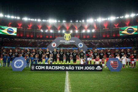 Photo for RIO DE JANEIRO - 16TH, MAY, 2023: Protest against racism in football. Match between Flamengo x Cruzeiro, Brazilian Championship at Maracana. - Royalty Free Image