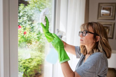 Foto de Primer plano de la mujer de mediana edad limpiando y limpiando la ventana con una botella de spray. Mujer rubia con guantes de goma y ropa casual. - Imagen libre de derechos