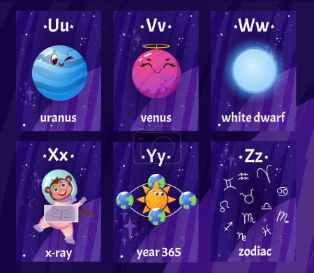 Illustration for English alphabet flashcards with letters from U to Z for children education. Printable kids flash card with astronaut with X-ray scan, planets in cosmos, white dwarf, zodiac sings for learning letters - Royalty Free Image
