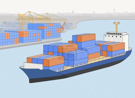 Illustration for Transport logistics, ship port. Cargo ships at sea shipping goods to seaport. Commerce water freight delivery concept. Ocean tanker with containers and dock with cranes. Import export business service - Royalty Free Image