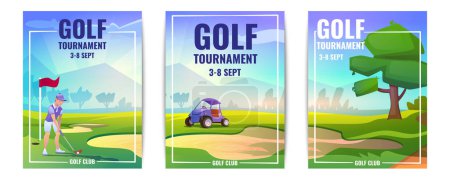 Illustration for Vector cartoon flyers or golf tournament posters with player man. Golfer person with putter and white ball, car, grass, tee and flag. Advertising sport competition vertical banners with sand bunker. - Royalty Free Image