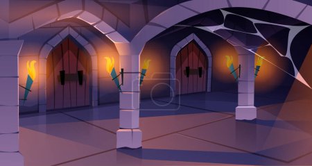 Illustration for Medieval castle with wooden door with knob, brick wall and torches with fire. Ancient corridor interior with cobweb on stone arch in dark dungeon or old fortress cartoon vector illustration. - Royalty Free Image