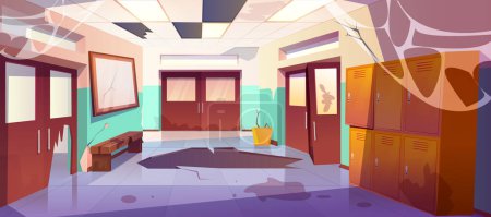 Vector cartoon dirty school hallway interior with broken lockers, classroom doors, garbage and crack in floor. Empty abandoned university or college corridor with mess, broken ceiling and spiderweb.