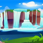Jungle forest cartoon landscape with waterfall cascade. Tropical natural scenery of wild park with lake, palm tree, green fern leaves and boa on branches. River stream flowing from stones to creek.