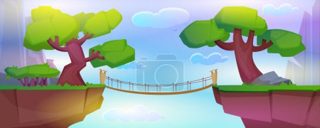 Illustration for Summer landscape with mountains, plants and log bridge over precipice between cliffs. Cartoon vector illustration of rocks, green grass and trees, wooden rope footbridge over abyss at day. - Royalty Free Image