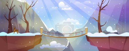 Illustration for Winter landscape with mountains and suspension bridge above precipice between cliffs. Cartoon vector illustration of bare trees, deer, snow peaks and wooden footbridge over abyss at sunlight rays - Royalty Free Image