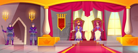 Ilustración de Cartoon king and queen in gold crown, luxury costume sitting on throne in medieval castle. Kingdom palace interior with red carpet, candles, flag, knights with sword and royal characters in chairs. - Imagen libre de derechos