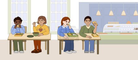 Flache Kinder essen in der Schulkantine. Glückliche multiethnische Kinder sitzen am Tisch und essen Sandwiches aus Containerboxen. Cafeteria-Innenraum mit Stühlen, Tischen und Theke.