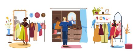Ilustración de Flat man in wardrobe, people in walk in closet trying on clothes. Women shopping in boutique store. Girls choose outfit in cloakroom in front of mirror and hangers with dresses, coats and accessories. - Imagen libre de derechos