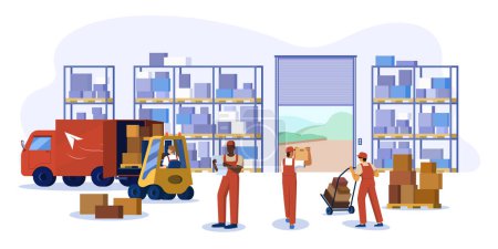 Illustration for Flat warehouse logistics interior with forklift, lift truck with driver and cardboard boxes on metal racks. Post office or storehouse with goods on shelves and workers. Loaders work in freight storage - Royalty Free Image