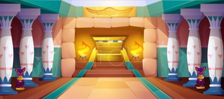 Illustration for Cartoon egyptian pyramid interior with columns with oranment, stone walls and statue of Bastet cat. Temple room or ancient Egypt pharaoh tomb with hieroglyphs. Old civilization palace sarcophagus. - Royalty Free Image