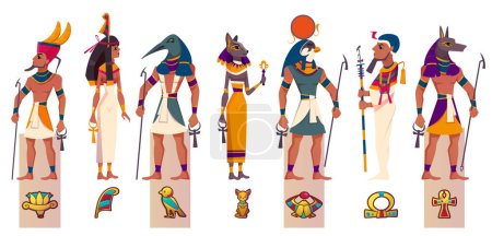 Conjunto de dioses y diosas egipcias antiguas. Personajes planos vectoriales de la mitología egipcia, el mito estatuas de El Cairo. Ra, Bastet, Maat, Thoth, Anubis y Ptah con símbolos religiosos aislados sobre fondo blanco.