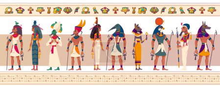 Set of ancient Egyptian gods and goddesses. Vector flat characters of Egypt mythology, myth Cairo statues. Ra, Bastet, Maat, Thoth, Anubis and Geb with religious symbols isolated on white background.
