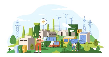 Illustration for Net zero emissions, carbon neutral concept. People reduce gas emissions from factories. Characters protect atmosphere from air pollution. Save the planet, green city. Renewable energy, reforestation. - Royalty Free Image