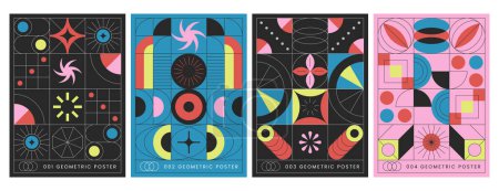 Illustration for Modern aesthetics geometric posters with abstract futuristic shapes. Cover set with trendy prints in brutalist style. Vector flyers collection with colorful graphic elements of bauhaus, simple figures - Royalty Free Image
