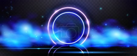 Neon led light circle frame and blue smoke with sparkles on dark background. Realistic vector illustration of glow ring with soft clouds, magic fog effect. Futuristic game portal with haze or mist.
