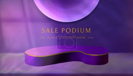 Realistic 3d vector sale podium or pedestal with leaves shadow overlay on purple background. Product display platform with golden decor and shades on wall. Showcase scene for exhibition or showroom.