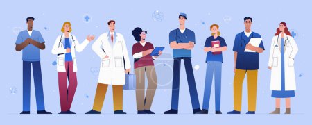 Illustration for Medical student, nurses or doctors in hospital. Young physician specialist group of interns. Healthcare internship or medicine practice of medic characters. Therapist, dentist or surgeon in uniform. - Royalty Free Image