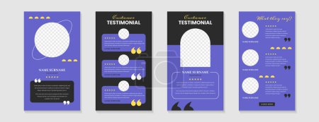 Customer service review template or feedback story template design. Vector set of blue testimonial posts for social media. Web banners of client satisfaction with short quote and star rating.