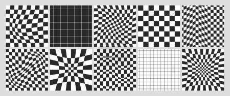 Square psychedelic checkerboards with warped white and black grid tile. Checkered seamless geometric pattern in y2k style. Distorted chessboard backgrounds with distortion effect and optical illusion.