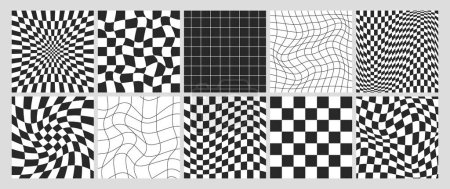 damier psychédélique carré avec carreau quadrillé noir et blanc. Motif géométrique sans couture à carreaux dans un style rétro y2k. Fond d'échiquier déformé avec effet de distorsion, illusion d'optique