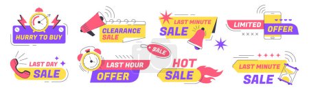 Last time offer badges with alarm clock, time countdown, hourglass and megaphone icon. Hot price, sale promo discount sticker set. Shopping banner template design. Limited offer or hurry to buy labels