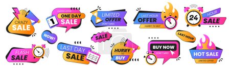 Set of last time or limited offer badges. Sale promo stickers with alarm clock, calendar, countdown or megaphone icon. Hot sales, special deal, only day and hurry up icons. Discount label for shopping