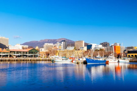 Photo for HOBART, TASMANIA - SEPTEMBER 14: View towards Mt Wellington over Constitution Dock and CBD area in Hobart, Tasmania, Australia on September 14th 2022 - Royalty Free Image