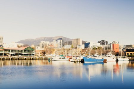Photo for HOBART, TASMANIA - SEPTEMBER 14: View towards Mt Wellington over Constitution Dock and CBD area in Hobart, Tasmania, Australia on September 14th 2022 - Royalty Free Image