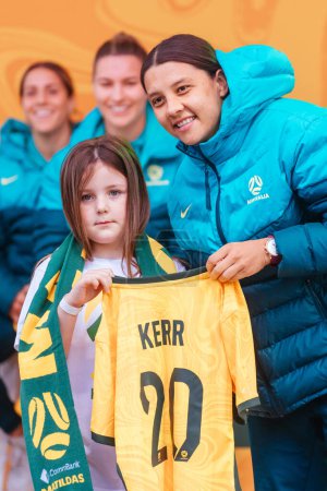 Foto de MELBOURNE, AUSTRALIA - 11 DE JULIO: Sam Kerr de Australia en el anuncio y presentación de la Copa Mundial Femenina Matildas en Federation Square el 11 de julio de 2023 en Melbourne, Australia. - Imagen libre de derechos