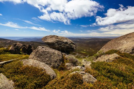 Photo for Landscape views at the summit of Porcupine Rocks on the Porcupine Walking Track on a summers day in Kosciuszko National Park, Snowy Mountains, New South Wales, Australia - Royalty Free Image