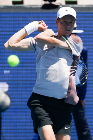 Photo for MELBOURNE, AUSTRALIA - JANUARY 11: Jannik Sinner of Italy on his way to beating Casper Ruud of Norway on day two of the 2024 Kooyong Classic at Kooyong on January 11, 2024 in Melbourne, Australia. - Royalty Free Image