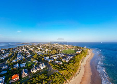 Aerial views of Queenscliff at dusk on a summers day on the Bellarine Peninsula, Victoria, Australia