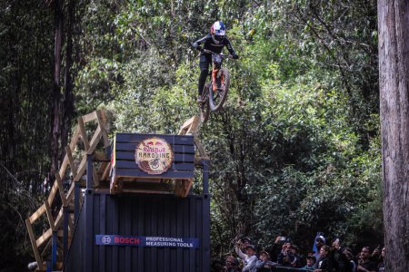 Photo for MAYDENA, AUSTRALIA - FEBRUARY 24: Riders compete in the finals at Red Bull Hardline Tasmania on February 24, 2024 in Maydena, Australia. - Royalty Free Image