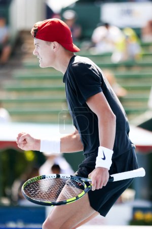 Photo for MELBOURNE, AUSTRALIA - JANUARY 11: Holger Rune of Denmark reacts whilst playing Karen Khachanov of Russia during day one of the 2024 Kooyong Classic at Kooyong on January 11, 2024 in Melbourne - Royalty Free Image