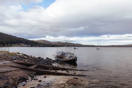 DOVER AUSTRALIA - FEBRUARY 25, 2024: Views of the quaint town of Dover and the Port of Esperance waterfront on the Southern Peninsula in Huon Valley, Tasmania, Australia