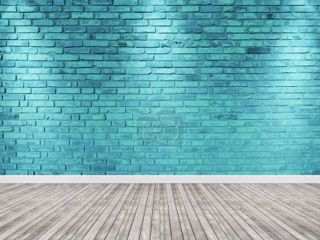 Photo for Brick wall with spotlight. Blue interior background wooden floor. - Royalty Free Image