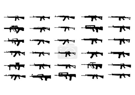 Die beliebtesten und berühmtesten Maschinengewehre der Welt. Exklusives Silhouetten-Vektorset bestehend aus 30 Stück. Isoliert auf weißem Hintergrund.