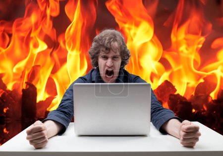 Tech frustration boils over as man yells, fiery inferno behind symbolizes his internet meltdown