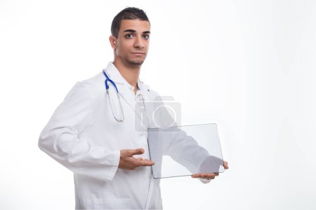 Confident healthcare professional showcases an innovative transparent tablet, cutting-edge technology in hand