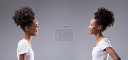 The same woman shows contrasting emotions: one side radiates joy, the other, a serene composure.