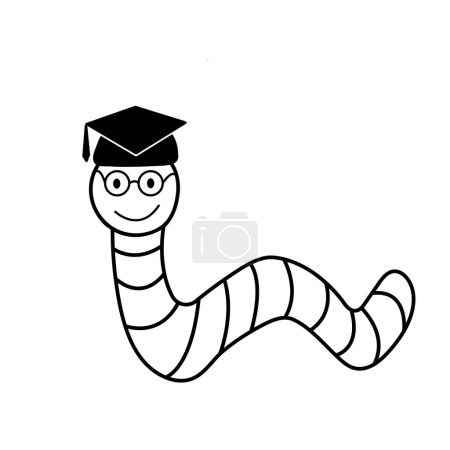 Illustration for Outline drawing of a cute cartoon worm wearing a square academic cap and tie. - Royalty Free Image