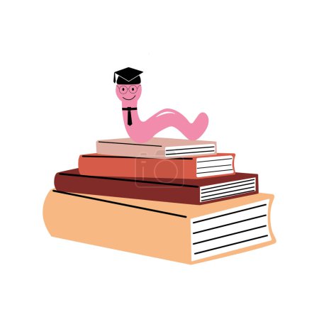 Téléchargez les photos : Cartoon bookworm in a square academic cap and tie on a stack of books. Hand drawn educational vector illustration. - en image libre de droit