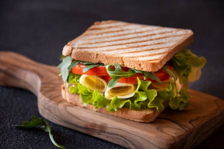 Téléchargez les photos : Delicious sandwich with toasted bread, lettuce, cheese and tomatoes. - en image libre de droit