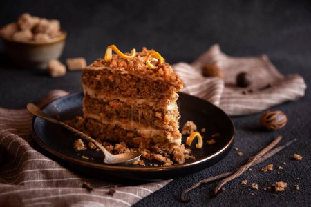Foto de A slice of delicious homeade winter cake with walnus and cinnamon - Imagen libre de derechos