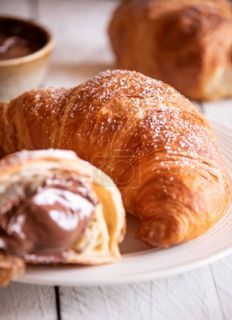 Photo for Baked sweet croissants with chocolate, close up - Royalty Free Image