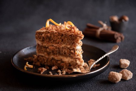 Téléchargez les photos : A slice of delicious homeade winter cake with walnus and cinnamon - en image libre de droit