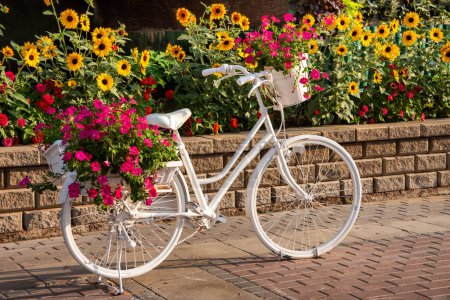 Foto de Bicicleta blanca con flores en un hermoso jardín - Imagen libre de derechos
