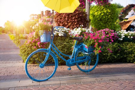 Téléchargez les photos : Vélo bleu avec des fleurs dans un beau jardin - en image libre de droit